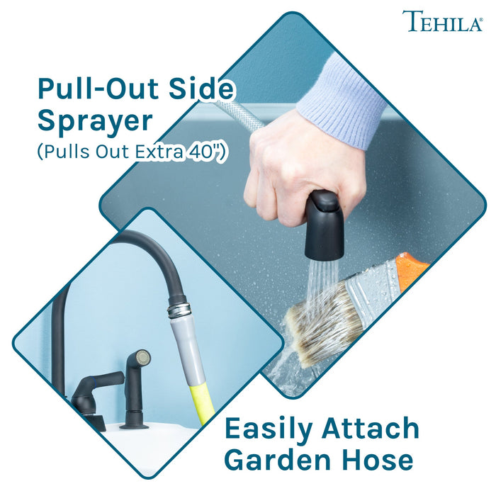 Tehila Black Finish Gooseneck Faucet with Side Sprayer - Sweatfully