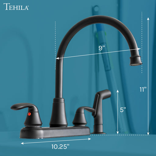 Tehila Black Finish Wide-set Gooseneck Faucet with Side Sprayer - Sweatfully