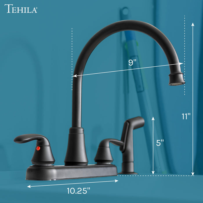 Tehila Black Finish Wide-set Gooseneck Faucet with Side Sprayer - Sweatfully