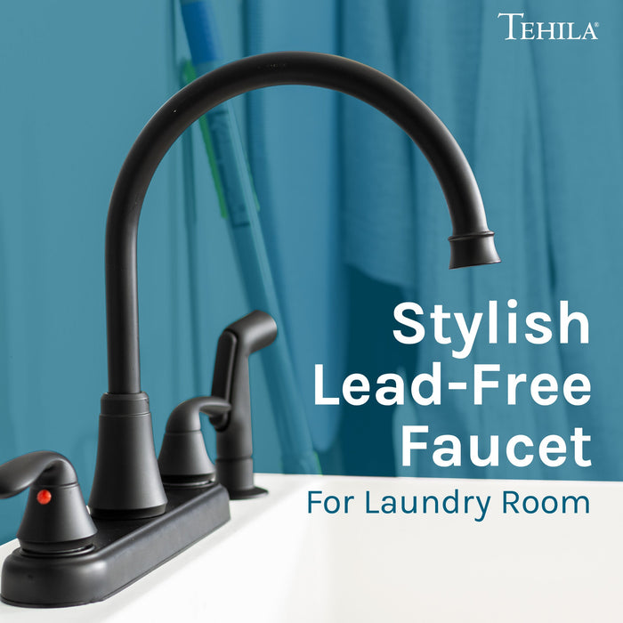 Tehila Black Finish Wide-set Gooseneck Faucet with Side Sprayer - Sweatfully