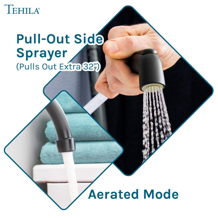 Tehila Black Finish Wide-set Gooseneck Faucet with Side Sprayer - Sweatfully