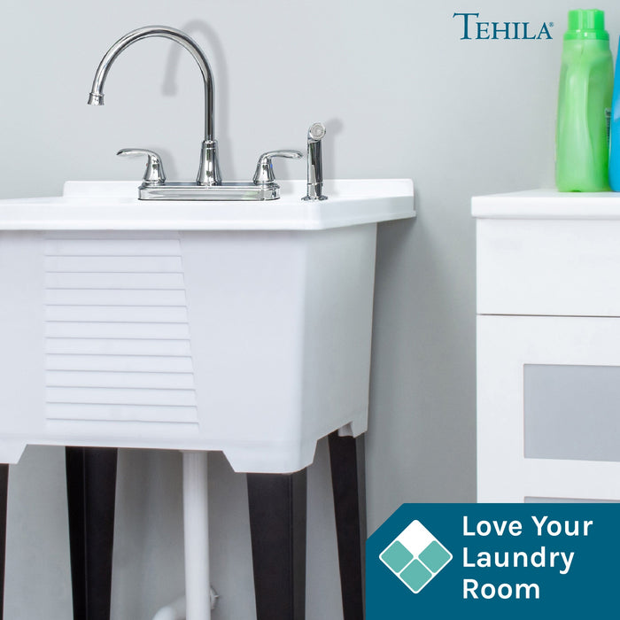 Tehila Chrome Finish Wide-set Gooseneck Faucet with Side Sprayer - Sweatfully