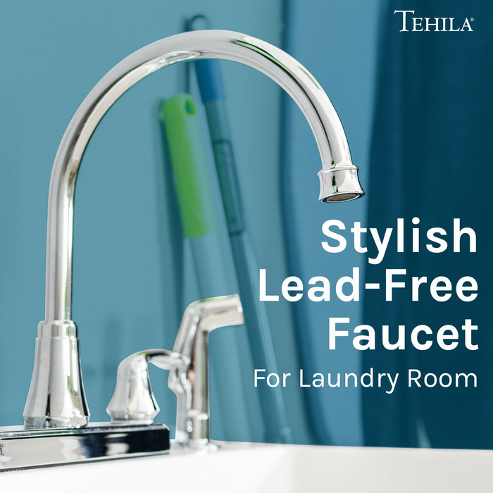 Tehila Chrome Finish Wide-set Gooseneck Faucet with Side Sprayer - Sweatfully