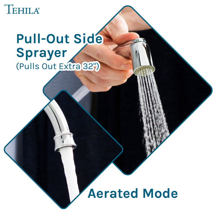 Tehila Chrome Finish Wide-set Gooseneck Faucet with Side Sprayer - Sweatfully