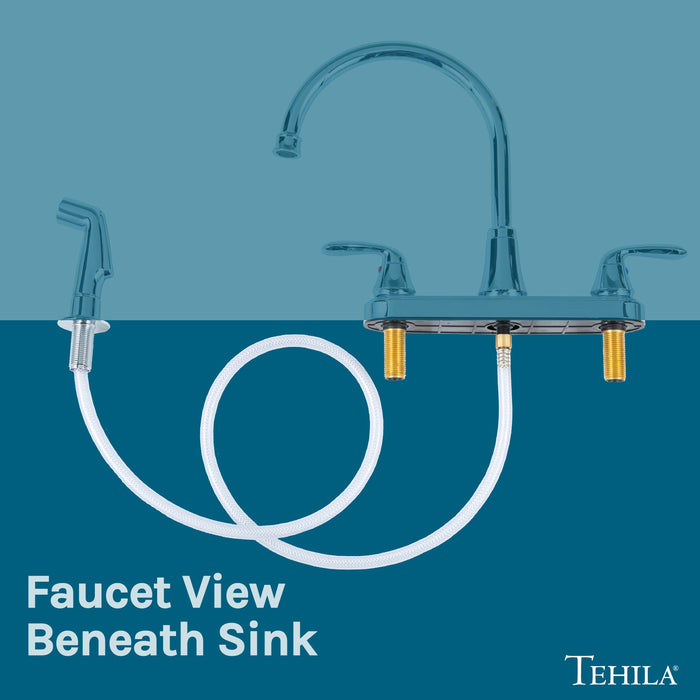 Tehila Chrome Finish Wide-set Gooseneck Faucet with Side Sprayer - Sweatfully