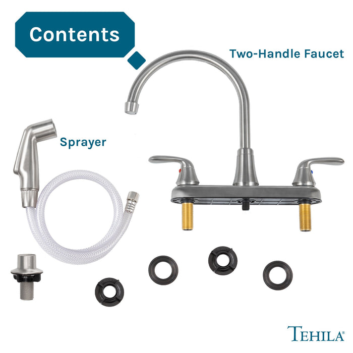 Tehila Stainless Steel Finish Wide-set Gooseneck Faucet with Side Sprayer - Sweatfully