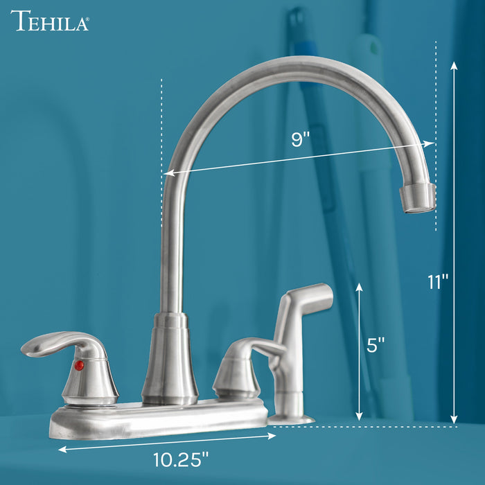 Tehila Stainless Steel Finish Wide-set Gooseneck Faucet with Side Sprayer - Sweatfully