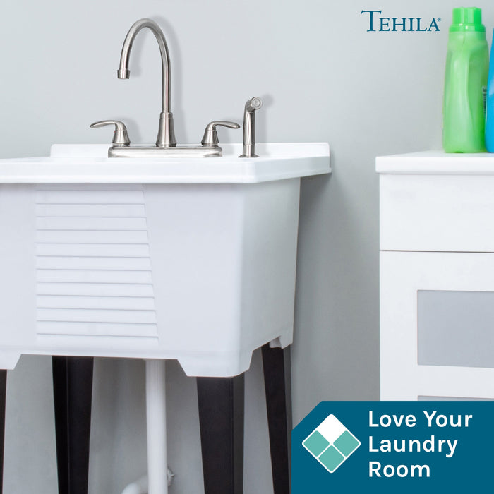 Tehila Stainless Steel Finish Wide-set Gooseneck Faucet with Side Sprayer - Sweatfully