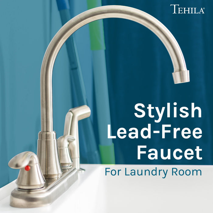Tehila Stainless Steel Finish Wide-set Gooseneck Faucet with Side Sprayer - Sweatfully