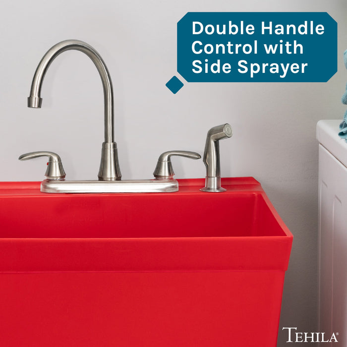 Tehila Stainless Steel Finish Wide-set Gooseneck Faucet with Side Sprayer - Sweatfully