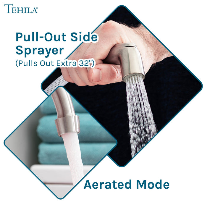 Tehila Stainless Steel Finish Wide-set Gooseneck Faucet with Side Sprayer - Sweatfully