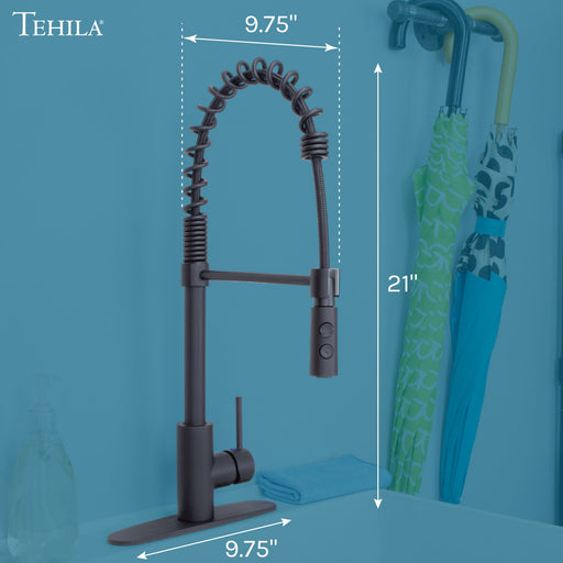 Tehila Black Finish High Arc Coil Pull-Down Faucet - Sweatfully