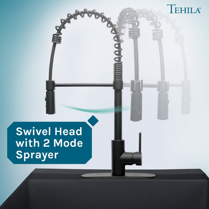 Tehila Black Finish High Arc Coil Pull-Down Faucet - Sweatfully
