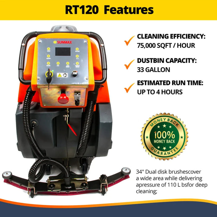 RT120 34" Self-Propelled Floor Scrubber Machine, 33-gal Tank, 75,000 sqft/h - Sweatfully