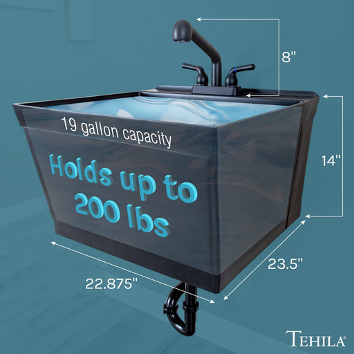 Tehila Standard Wall-Mounted Black Utility Sink with Black Finish Pull-Out Faucet - Sweatfully
