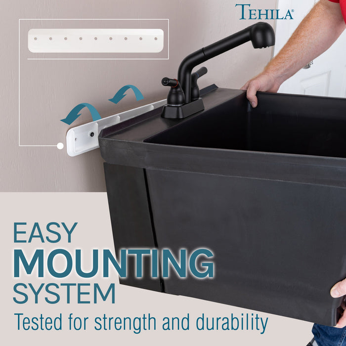 Tehila Standard Wall-Mounted Black Utility Sink with Black Finish Pull-Out Faucet - Sweatfully