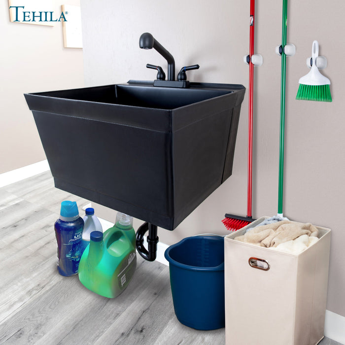 Tehila Standard Wall-Mounted Black Utility Sink with Black Finish Pull-Out Faucet - Sweatfully