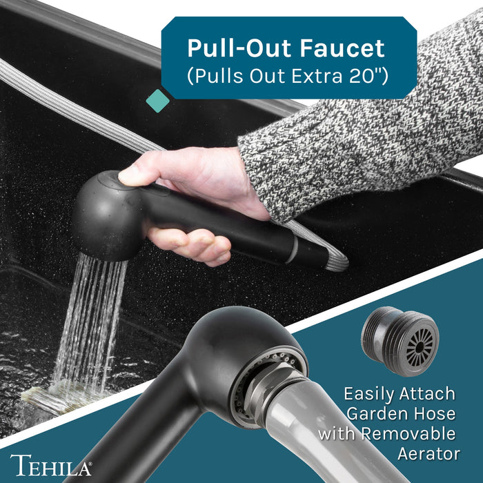 Tehila Standard Wall-Mounted Black Utility Sink with Black Finish Pull-Out Faucet - Sweatfully