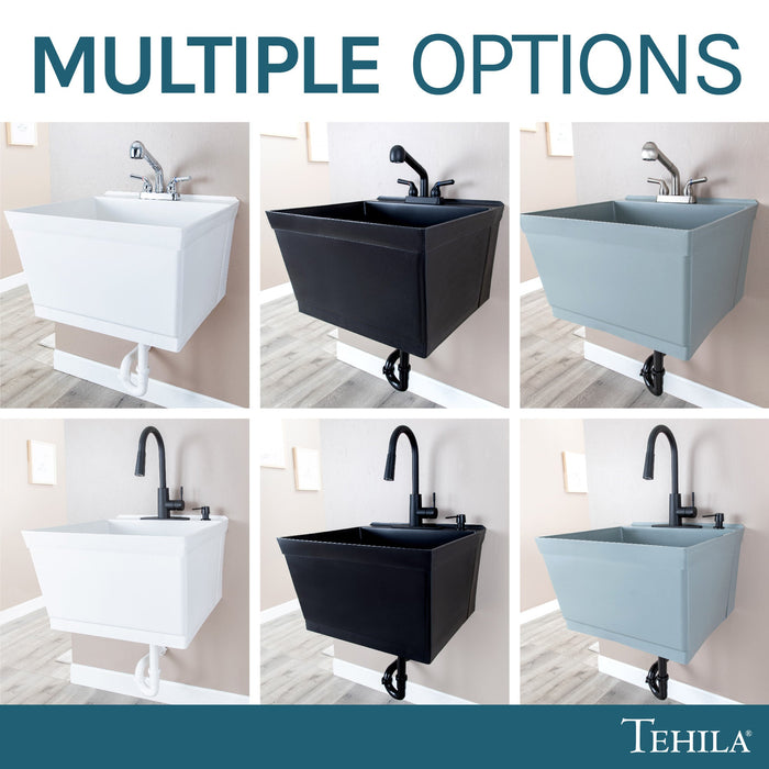 Tehila Standard Wall-Mounted Black Utility Sink with Black Finish Pull-Out Faucet - Sweatfully