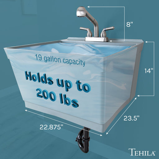 Tehila Standard Wall-Mounted Grey Utility Sink with Stainless Steel Finish Pull-Out Faucet - Sweatfully