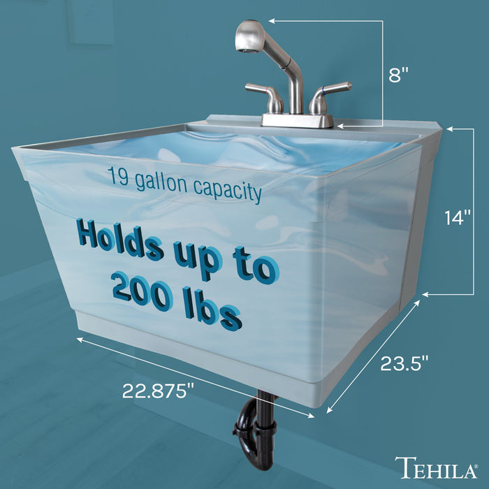 Tehila Standard Wall-Mounted Grey Utility Sink with Stainless Steel Finish Pull-Out Faucet - Sweatfully