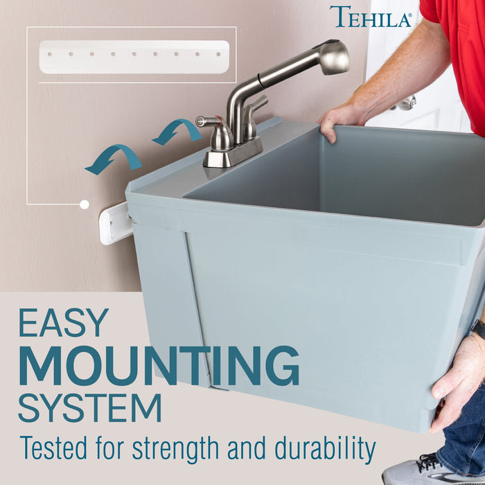 Tehila Standard Wall-Mounted Grey Utility Sink with Stainless Steel Finish Pull-Out Faucet - Sweatfully