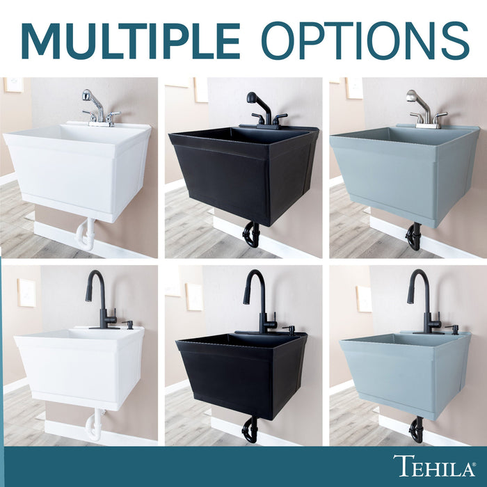 Tehila Standard Wall-Mounted Grey Utility Sink with Stainless Steel Finish Pull-Out Faucet - Sweatfully