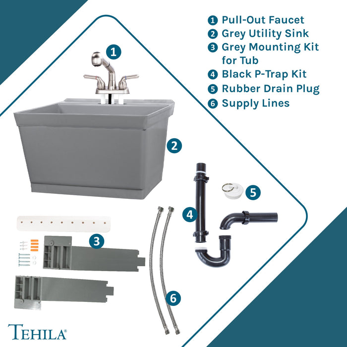Tehila Standard Wall-Mounted Grey Utility Sink with Stainless Steel Finish Pull-Out Faucet - Sweatfully