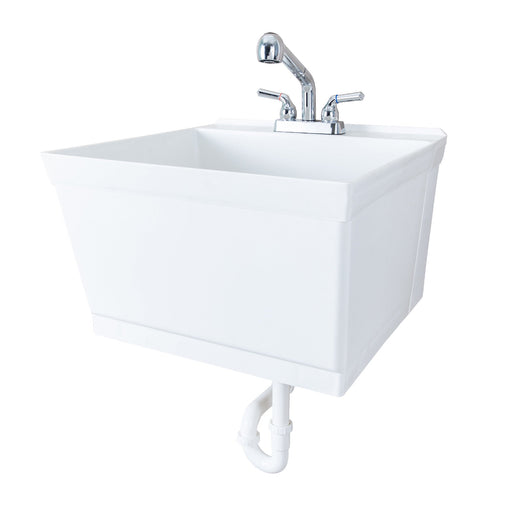 Tehila Standard Wall-Mounted White Utility Sink with Chrome Finish Pull-Out Faucet - Sweatfully