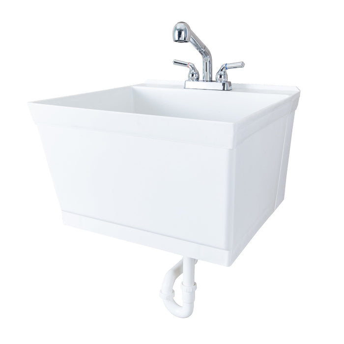 Tehila Standard Wall-Mounted White Utility Sink with Chrome Finish Pull-Out Faucet - Sweatfully