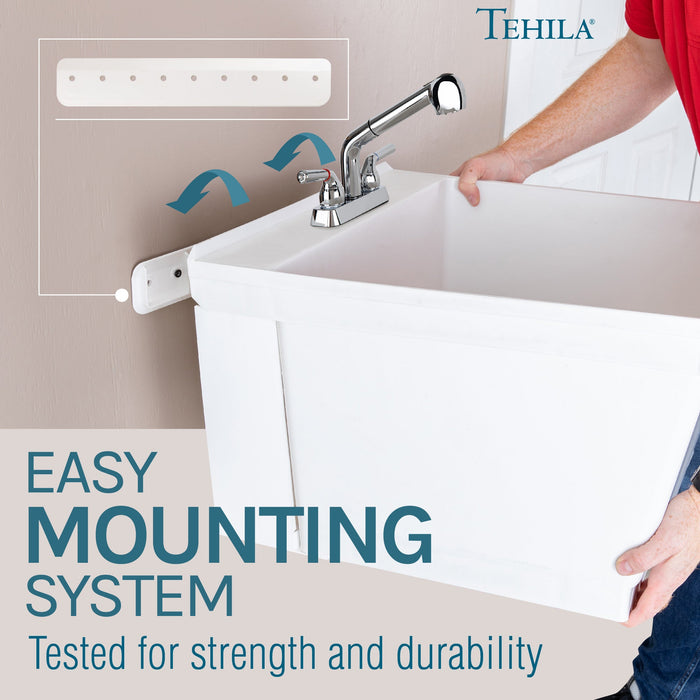 Tehila Standard Wall-Mounted White Utility Sink with Chrome Finish Pull-Out Faucet - Sweatfully