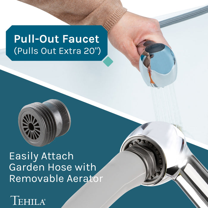 Tehila Standard Wall-Mounted White Utility Sink with Chrome Finish Pull-Out Faucet - Sweatfully