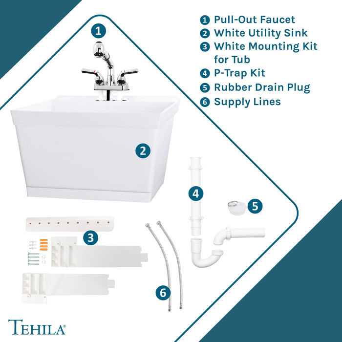 Tehila Standard Wall-Mounted White Utility Sink with Chrome Finish Pull-Out Faucet - Sweatfully