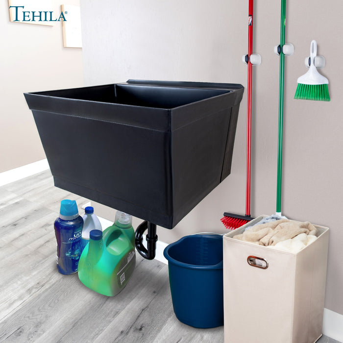 Tehila Standard Wall-Mounted Black Utility Sink, No Supply Lines - Sweatfully