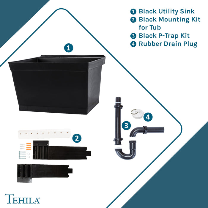 Tehila Standard Wall-Mounted Black Utility Sink, No Supply Lines - Sweatfully