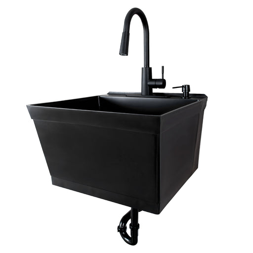 Tehila Standard Wall-Mounted Black Utility Sink with Black Finish Pull-Down Faucet - Sweatfully