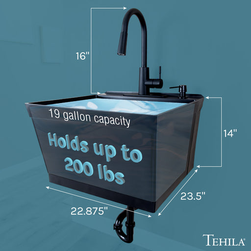 Tehila Standard Wall-Mounted Black Utility Sink with Black Finish Pull-Down Faucet - Sweatfully