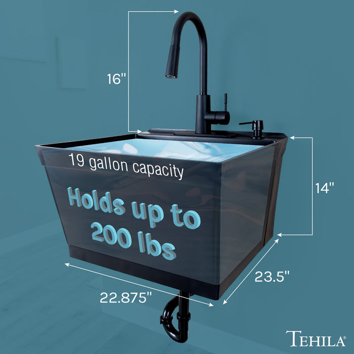 Tehila Standard Wall-Mounted Black Utility Sink with Black Finish Pull-Down Faucet - Sweatfully