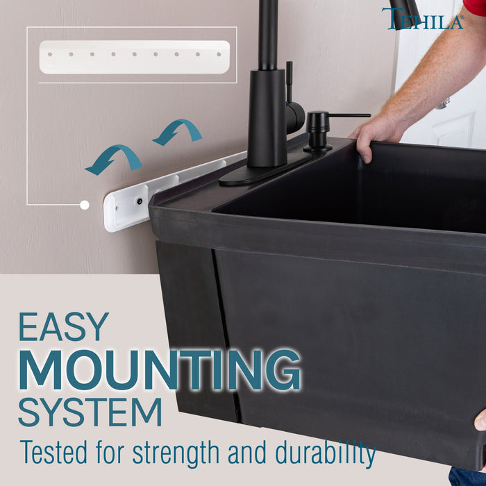 Tehila Standard Wall-Mounted Black Utility Sink with Black Finish Pull-Down Faucet - Sweatfully