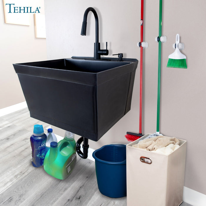 Tehila Standard Wall-Mounted Black Utility Sink with Black Finish Pull-Down Faucet - Sweatfully