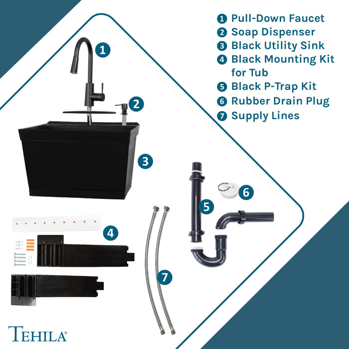 Tehila Standard Wall-Mounted Black Utility Sink with Black Finish Pull-Down Faucet - Sweatfully
