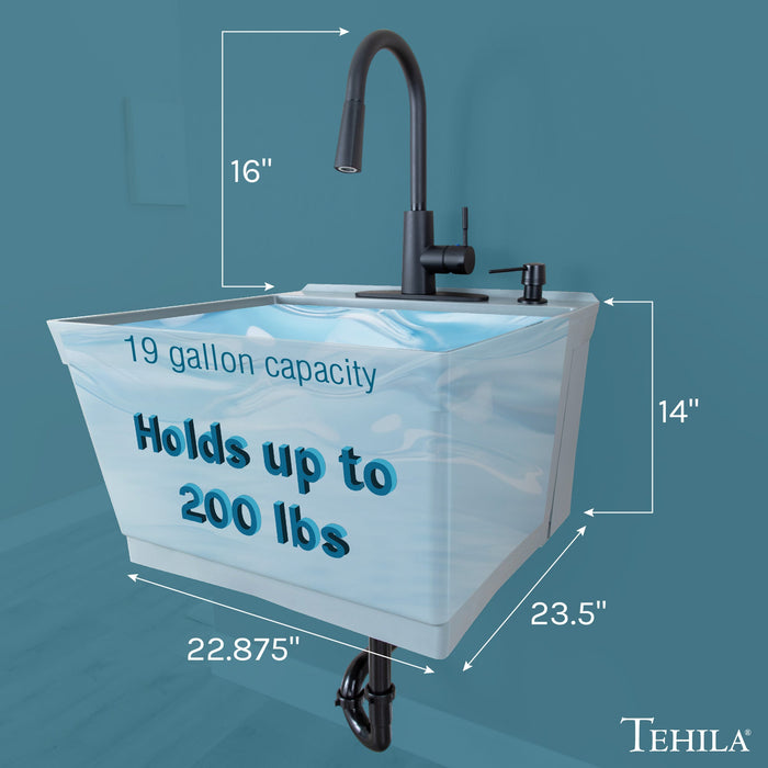 Tehila Standard Wall-Mounted Grey Utility Sink with Black Finish Pull-Down Faucet - Sweatfully