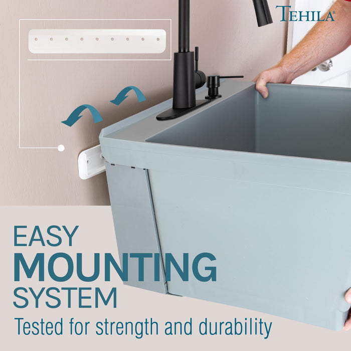 Tehila Standard Wall-Mounted Grey Utility Sink with Black Finish Pull-Down Faucet - Sweatfully