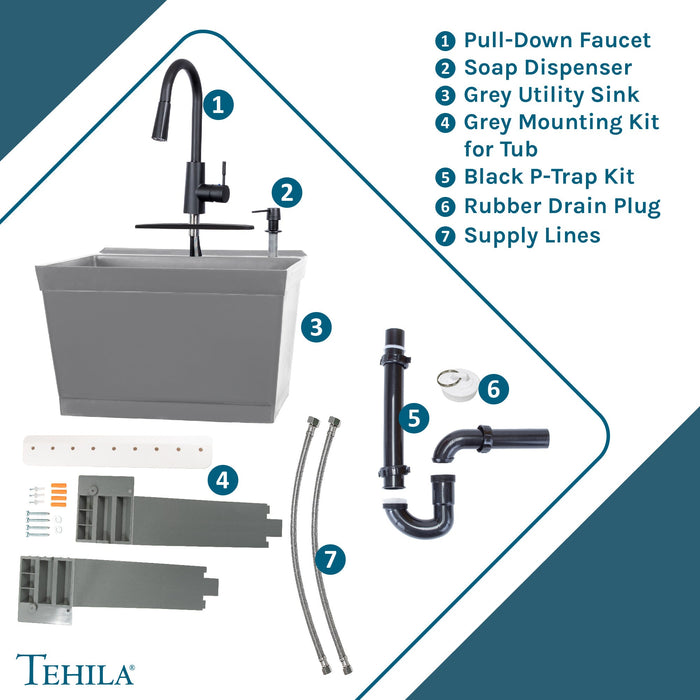Tehila Standard Wall-Mounted Grey Utility Sink with Black Finish Pull-Down Faucet - Sweatfully