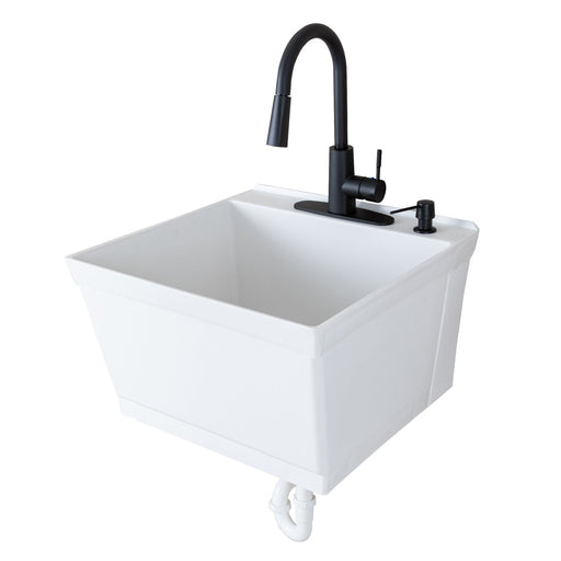 Tehila Standard Wall-Mounted White Utility Sink with Black Finish Pull-Down Faucet - Sweatfully