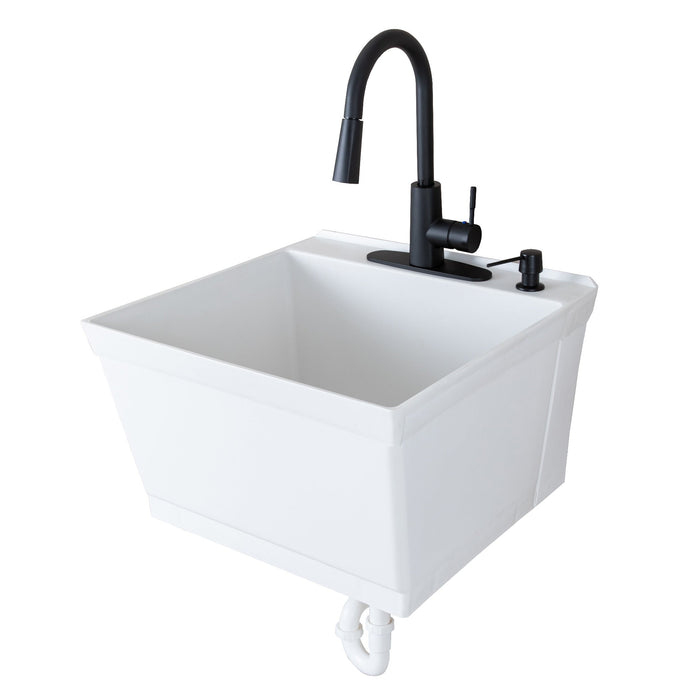 Tehila Standard Wall-Mounted White Utility Sink with Black Finish Pull-Down Faucet - Sweatfully