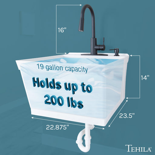 Tehila Standard Wall-Mounted White Utility Sink with Black Finish Pull-Down Faucet - Sweatfully
