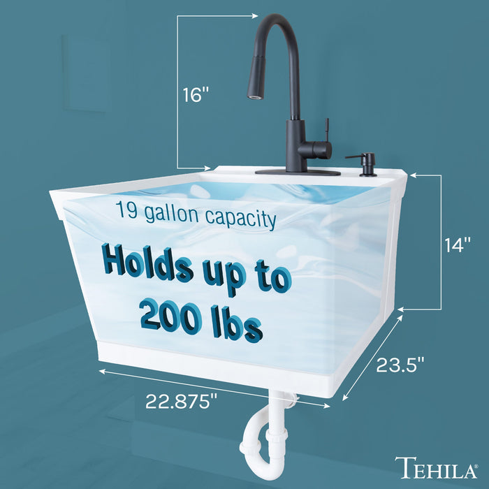Tehila Standard Wall-Mounted White Utility Sink with Black Finish Pull-Down Faucet - Sweatfully