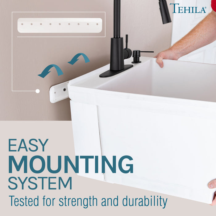 Tehila Standard Wall-Mounted White Utility Sink with Black Finish Pull-Down Faucet - Sweatfully
