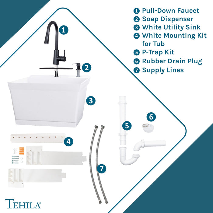 Tehila Standard Wall-Mounted White Utility Sink with Black Finish Pull-Down Faucet - Sweatfully